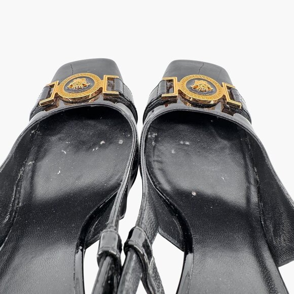 Versace Medusa Slingback Pumps Size 37 US 7 Black Patent Leather Block Heel - Picture 14 of 14